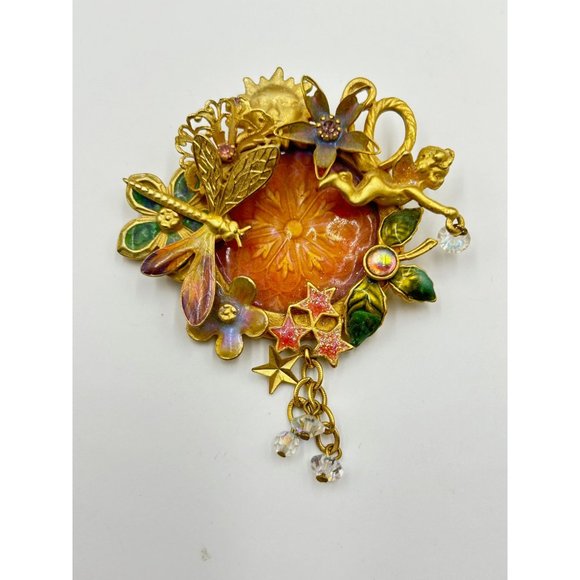 Kirks Folly Fairy Wishing Pool Pin Gold Tone Dragonfly Flowers Whimsical Brooch - Picture 2 of 5